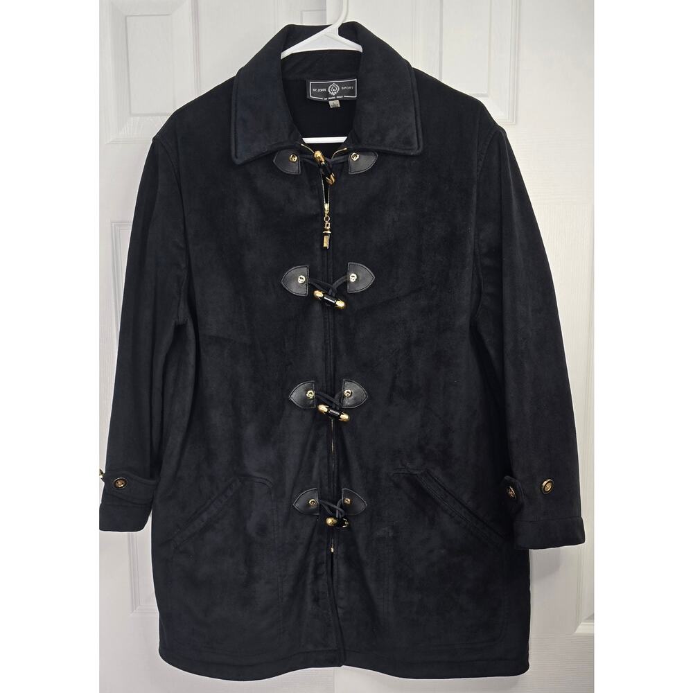 St. John Sport Women's Black Suede Full Zip Toggle Closure Jacket- Size Large